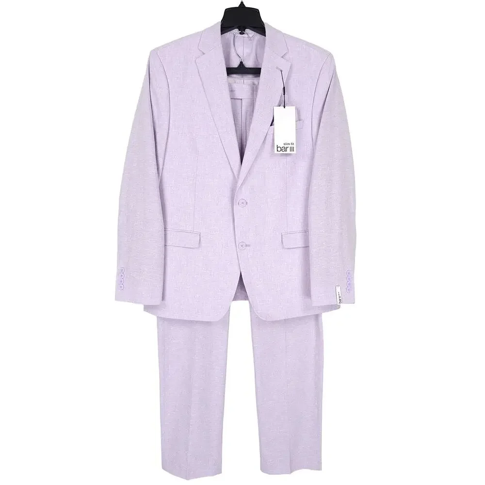 Bar III Mens Slim Fit 2 Piece Suit 38L 30x32 Lavender Purple Solid Linen Cotton
